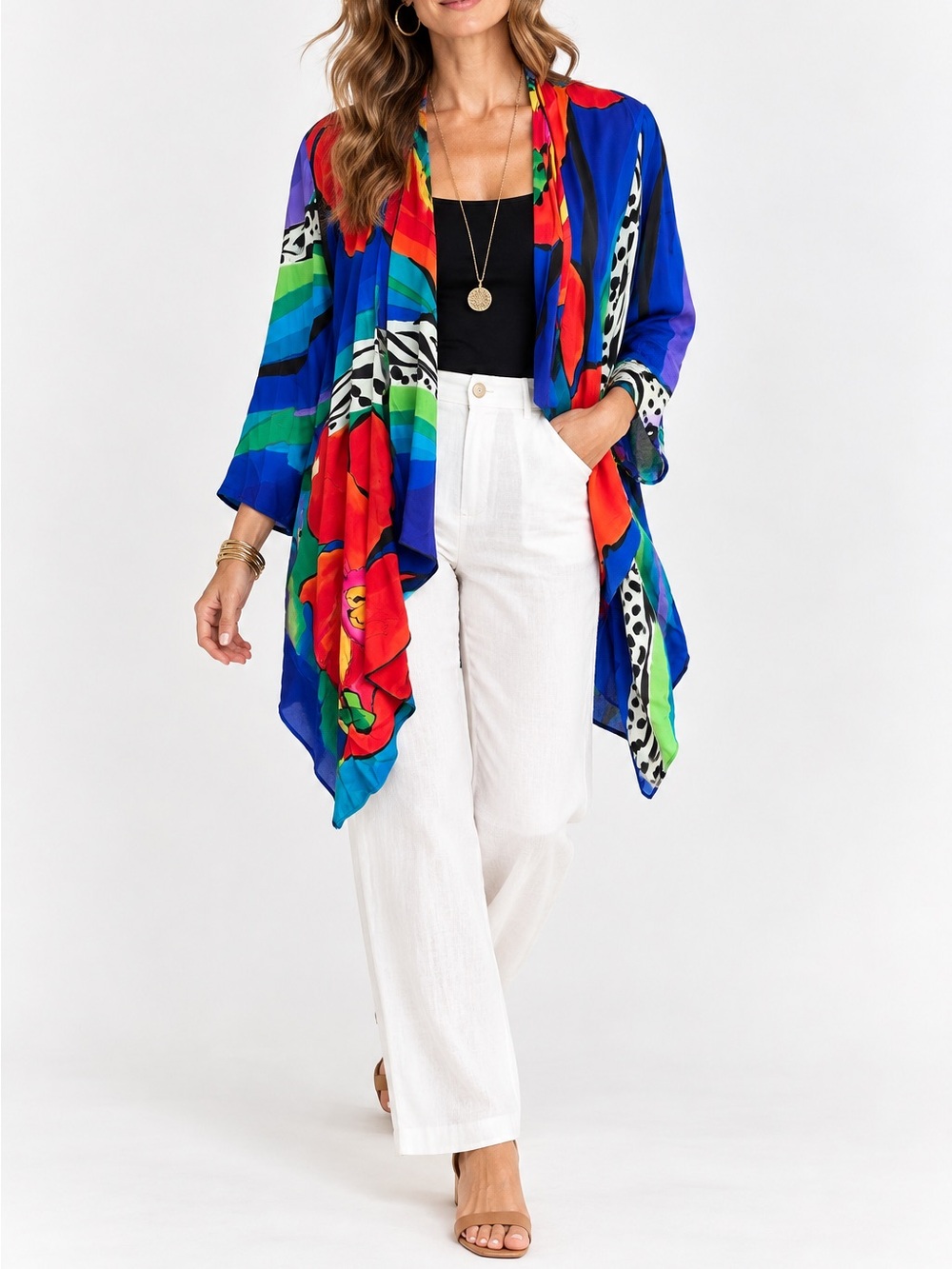 Vintage Yolanda Lorente Hand Painted Silk Vibrant Print Open Front Cover Up